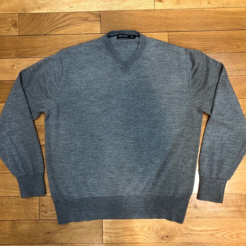 Nautica 100% Merino Wool V-Neck Long Sleeve Pullover Gray Sweater Size XL